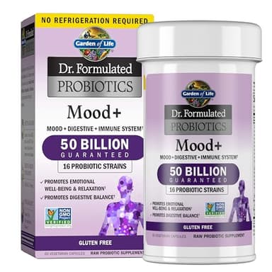 Garden of Life Probiotics Mood+ Dr Formulated Acidophilus Probiotic Supplement - Promotes Emotional Well-Being, Relaxation and Digestive Balance - Ashwagandha for Stress Management, 60 Veggie Caps