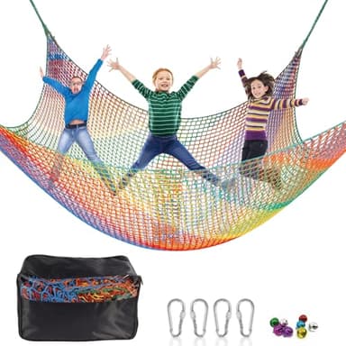 HOEE Kids Playground Climbing Cargo Net - 6.5 x 9.8Ft Kids Playground Safety Net,Polyester Double Layers Rope Bridge Net for Tree House and Outdoor Adventure（Rainbow）