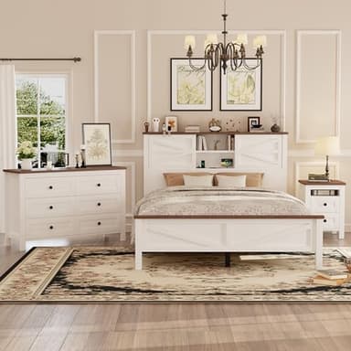 LUMISOL 3-Pieces Farmhouse Bedroom Sets Queen Size, Wood Platform Bed with Double Sliding Door Storage Headboard, Storage Nightstand and Dresser, 3 Piece Bedroom Furniture Set, White