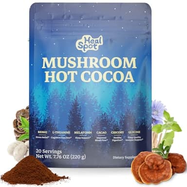 Healspot Mushroom Cocoa Sleep Supplement with Reishi & L-Theanine, Melatonin, Ashwagandha, Glycine & Chicory, Keto Hot Chocolate with 10 Adaptogens to Support Sleep & Immune Health, 7.76 OZ
