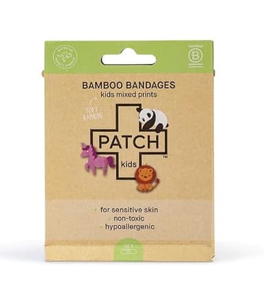 PATCH Natural Eco-Friendly Bamboo Adhesive Sensitive Skin Bandages, Cute Kids Prints Hypoallergenic Bandages for Sensitive Skin, Compostable, Biodegradable, Latex Free and Plastic Free, 20pk