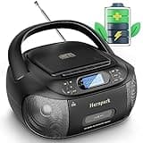 CD Cassette Player Combo, Hernpark Rechargeable Boombox with Bluetooth 5.1, Tape Recording, FM Radio, Super Bass, Stereo Sound, Aux/USB Drive, Headphones Jack, Boom Box for Indoor Outdoor