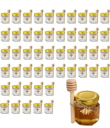 50 Pack 1.5 oz Hexagonal Glass Honey Jars in Bulk with Wooden Dipper Bee Charms Thank You Cards Burlap Fabric Twine String for Baby Shower Wedding Party Favors Gifts