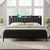Feonase Leather King Size Bed Frame with Fast Charging Station,Metal Platform King Beds with Upholstered Headboard & Footboard,12" Underbed Storage Space, Easy Assembly,Noise-Free,Black