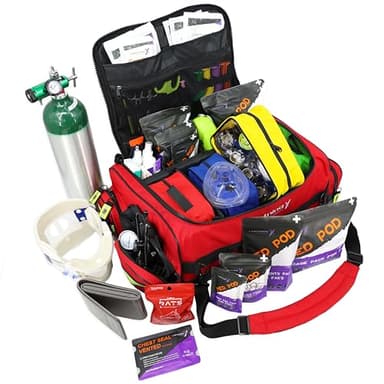 Lightning X Fully Stocked X-Tuff Modular Oxygen Trauma Bag w/Removable Organizer Pouches for EMS/EMT + First Responder - Red