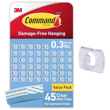 Command Indoor Mini Light Clips, 45 Clear Clips and 54 Command Strips, Damage Free Hanging Christmas Decorations, Wall Clips for Hanging Lights and Cable Management, Holds up to 0.3 lb