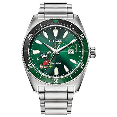 Citizen Eco-Drive Men's Disney Mickey Mouse Tee Time Stainless Steel Watch, Green Dial, 3-Hand Date, Luminous, 43mm (Model: AW1595-78W)