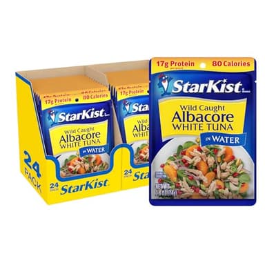 StarKist Albacore White Tuna in Water, 2.6 oz Pouch (24 Pack) Ready to Eat Wild Caught Tuna, 17g Protein, 80 Calories Per Serving, Gluten Free, Soy Free, Kosher, Perfect for Salads, Meals and Snacks