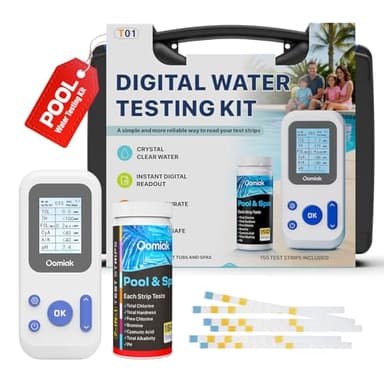 Digital Pool Water Test Kit with 150 Test Strips, Oomiak 7-in-1 Professional Electronic Water Tester for Cyanuric Acid, Total Hardness, pH, Chlorine, Bromine, Total Alkalinity, for Pool, Spa & Hot Tub