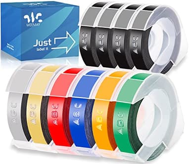 Weemay 10 Pack 3/8 Embossing Tape Compatible for Dymo 3D 9mm Plastic Embossing Label Tape for Organizer Xpress Pro 12965 DYM12966 Office Mate II Junior Home Embossing Label Maker, 3/8 Inch X 9.8 Feet