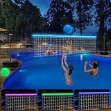 Alpcouts Pool Volleyball Net Set with Lights, Solar Powered Portable Outdoor LED Volleyball Net for Pool with 2 Glowing Balls,Pump and Weighted Bases, Adjustable Length 15ft-32ft for Inground Pool.