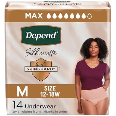 Depend Silhouette Adult Diapers, Incontinence & Postpartum Bladder Leak Underwear for Women, Maximum Absorbency, Medium, Pink, 14 Count, Packaging May Vary