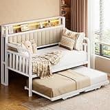 Daybed with Pop Up Trundle and LED Light, Heavy Duty Metal Twin Bed Frame with Upholstered Storage Headboard and Charging Station, Sturdy Day bed for Living Room, Bedroom and Guest Room (White)
