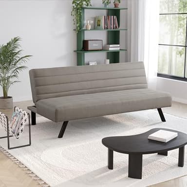 Serta® Damien 66.1" Convertible Futon Sofa, Dreamcoil® Comfort, FingerGuard® Pinch Point Protection, Woven Polyester Fabric, Taupe