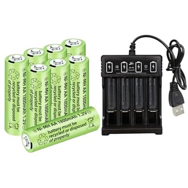 AMZZN 8PCS 1.2V 1800mAh Ni-MH AA Rechargeable Battery with 4 Slot USB Charger for Wireless Microphones, Electric Toys, Remote Mice, Calculators, Razors, Keyboards (8PCS Battery+Charger)