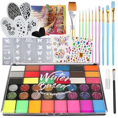 Pintada 42 Color Face Painting Kit for Kids - Non Toxic Water Activated Face Paint Palette With Stencils, Brush, Gems. For Carnival, Halloween, Costume Makeup and Any Creative Activity