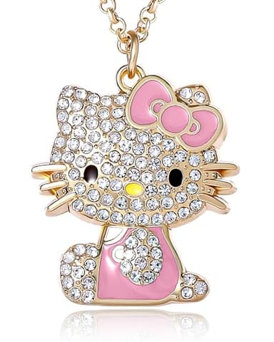SALLY ROSE Hello Kitty Pink Enamel and Pave Crystal Pendant Necklace Official License, Gold-Tone 16+3 Hello Kitty Necklace, Sanrio Gifts