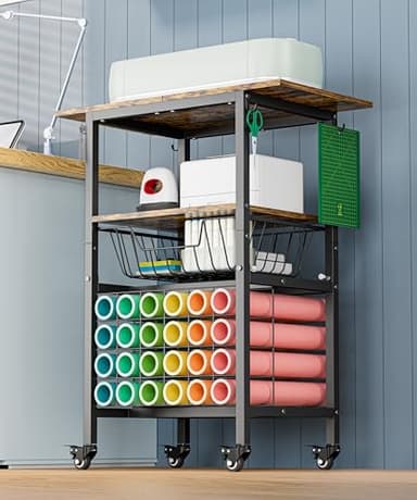 Queension Craft Cart with Wheels for Cricut Machines, Craft Organization and Storage Stand with Basket, Cutting Machine Stand for Cricut Accessories, Vinyl Roll Organizer, Black