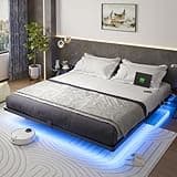 King Size Modern Floating Bed Frame with LED Lights, USB Charging Station, Sturdy Metal Platform, Noise-Free, No Box Spring Needed, and Easy Assembly