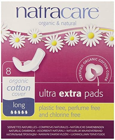 Natracare Ultra Extra Pads with Wings, Long, Individually Wrapped, Made with Certified Organic Cotton, Ecologically Certified Cellulose Pulp and Plant Starch (1 Pack, 8 Pads Total)