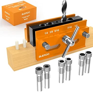 BLEKOO Self Centering Doweling Jig Kit, Drill Jig For Straight Holes Biscuit Joiner Set With 6 Drill Guide Bushings, Adjustable Width Drilling Guide Power Tool Accessory Jigs (Gold)