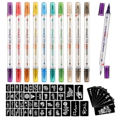 HAWINK Temporary Tattoo Markers for Skin, 10 Body Markers + 56 Large Tattoo Stencils, Dual-End Tattoo Pens Make Bold and Fine Lines ZYH2208001KIT