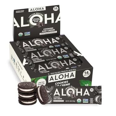 ALOHA Organic Plant Based Protein Bars - Cookies and Creme - 12 Bars, Vegan, Low Sugar, Gluten-Free, Paleo, Low Carb, Non-GMO, No Stevia, No Erythritol