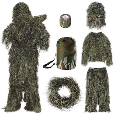 Seeutek 5 in 1 Ghillie Suit - 3D Camouflage Hunting Suits - Jacket, Pants, Hood, Carry Bag for Adults & Youth, M/L/XL/XXL