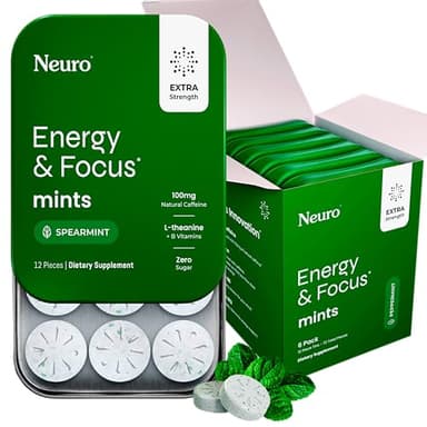 Neuro Energy & Focus Mints, Extra Strength - Sugar Free Breath Mints with 100mg Natural Caffeine, B Vitamins & L-Theanine - Vegan Brain Supplement for Exercise, Study & Daily Focus - Spearmint, 72 ct