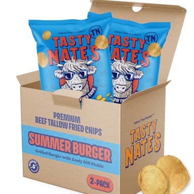 Tasty Nate’s Beef Tallow Potato Chips – Summer Burger Flavor, Kettle Chips Fried in 100% Beef Tallow, Seed Oil Free, Gluten Free Healthy Snacks, 7oz - Pack of 2