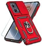 SunStory Phone Case for Motorola Moto Edge 2024 Case with HD Screen Protector & Slide Camera Cover & Rotated Ring Kickstand, [Military-Grade] Phone Case for Moto Edge 2024 (Red)