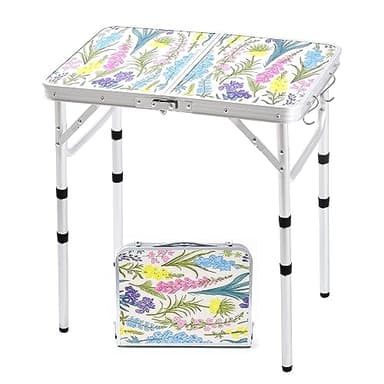 Yriuat Folding Camping Table 2ft Portable Pinic Table Adjustable Height Small Card Table Aluminum Foldable Lightweight with Carry Handle for Outdoor Indoor Hiking Camp BBQ Beach (Blooming Floral)