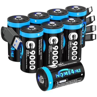 Home4me Rechargeable C Batteries 8 Pack, 9000mWh Lithium C Rechargeable Batteries, 1.5V C Cell Battery with 4 in 1 USB-C Charging Cable, for High Drain Devices Like Flashlights, Toys, Radios