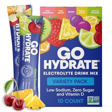 GoHydrate Instant Hydration Powder Packets - Low Sodium Electrolytes Drink Mix - Natural Hydration Support, Sugar Free Electrolyte Flavored Powder Drink with Vitamin D, 10 Packs, Mixed