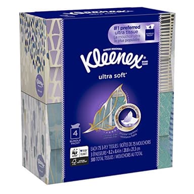 KLEENEX Ultra Soft Facial Tissue, 3-Ply, White, 8.2 inch x 8.4 inch, 75/Box, 4 Box/Pack - Packaging May Vary (Assorted color and style boxes),Pack of 4,