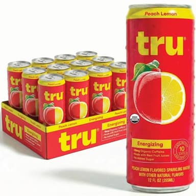 Tru Organic Energy Drink, Caffeinated Sparkling Water with Real Fruit Juice, Peach Lemon Flavored Seltzer, Natural Caffeine, No Added Sugar, Keto, Vegan, Kosher, Gluten Free, 12 Fl Oz (Pack of 12)