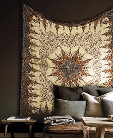 Popular Handicrafts Tapestry Wall Hanging Hippie Mandala Bohemian Hippy Intricate Geometric Floral Design Indian Tapestries Bedspread 84x90 Inches,(215cm x 230cm) Brown Black