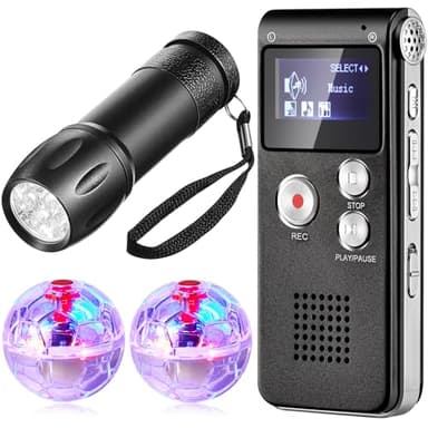 Dunzy 4 Pcs Ghost Hunting Equipment Kit Include 1 Evp Voice Recorder 8 Gb 1 UV Flashlight 2 LED Light up Cat Balls Ghost Investigation Paranormal Equipment for Home Outdoor Inspection(Black,Practical)