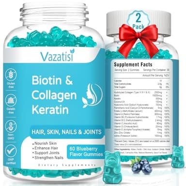 2 Pack Biotin Gummies with Collagen & Keratin for Hair Skin Nails- Women Men, Kids - 120 Blueberry Flavored Gummies