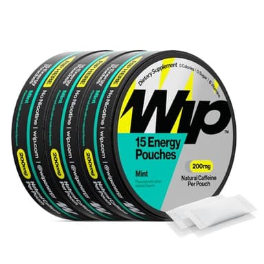 Wip Energy Pouches, Sugar Free Blend with 200 MG Natural Caffeine, B Vitamins, Minerals & L Theanine for Energy Support, Pre Workout for Active Lifestyles, Mint, 3 Cans, 15 Pouches per can