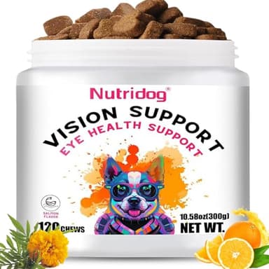Nutridog Eye Supplements for Dogs - Vision Support Soft Chews with Lutein, DHA & Vitamin C | 120ct Salmon Flavor Tear Stain Chews | Cataract & Dry Eye Relief Supplement (120 Ct, Salmon)