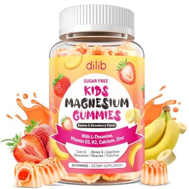 Magnesium Glycinate Gummies for Kids - with L-Theanine, Ashwagandha, Vitamin D3 K2, Magnesium for Kids - Sleep, Calm, Muscle, Relaxation, Cognitive, Sugar Free Strawberry & Banana Filled Gummies 60ct