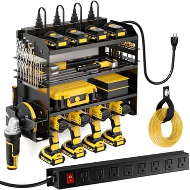 POKIPO Power Tool Organizer Wall Mount with Charging Station,Tool Storage Rack with 8 Outlet Power Strip,Heavy Duty Metal Battery Utility Rack with 4 Cordless Drill Holder 6.56 Ft Cord for Garage