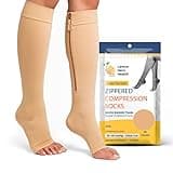 Zipper Compression Socks 20-30mmHg Open Toe with Zip Guard Skin Protection - Medical Zippered Compression Socks for Men & Women - Beige, Medium