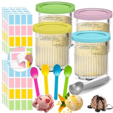 NLXCXUCY 4 Pack Containers Replacement for Ninja Creami Pints and Lids with 160pcs Waterproof Removable Labels,24oz Compatible with Ninja NC501 NC500 Series Ice Cream Makers XL Cups