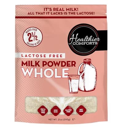 Healthier Comforts Lactose Free Whole Milk Powder | Non-GMO, rBST Hormone Free, Kosher, Gluten Free, No Fillers | Baking, Coffee Creamer, Shakes, Pantry Staple, Camping | Makes 2.5 Gallons (21 oz)