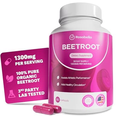 Rosabella Organic Beet Root Capsules - 1300mg Beet Root Powder Aids Healthy Circulation & Vitality, Non-GMO, Beet Root Supplement - 60 Capsules, 30-Day Supply