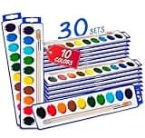 10-Color Water Color Paint Sets for Kids 30 Pack Bulk Watercolor Paint Set Washable Acuarelas Watercolor Palette Mini Paint Sets for Kids Party Favor Classroom Water Paint Kit 2 Wood Brushes Included