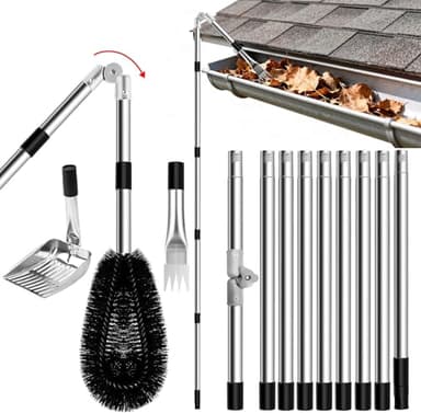 Tuesnax 13.12FT Adjustable Gutter Cleaning Tool with 180° Swivel Head, Gutter Rake, Cleaning Shovel – Ladder-Free Cleaner Pole for Leaves, Debris, and Cobwebs