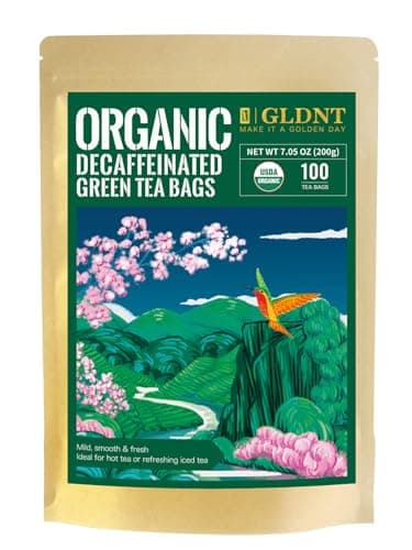 GLDNT Organic Decaf Green Tea Bags, Organic Green Tea Decaffeinated, Smooth Flavor, Super Antioxidant, Iced & Hot Tea, 100 Count